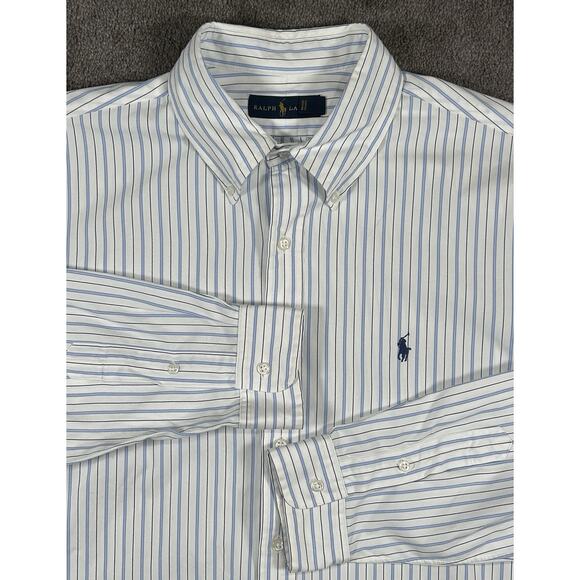 Ralph Lauren Men's XL White W/ Blue Stripes Button Down Long Sleeve Cotton Shirt - Picture 4 of 14